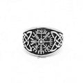 Stainless steel Viking compass ring with Celtic knot symbol, featuring intricate engraved design and polished finish.