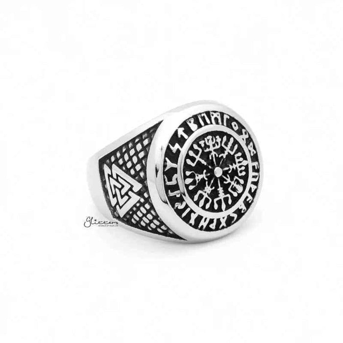 Stainless steel Viking compass ring with Valknut symbols, designed by Glitters, featuring detailed Norse-inspired engravings.
