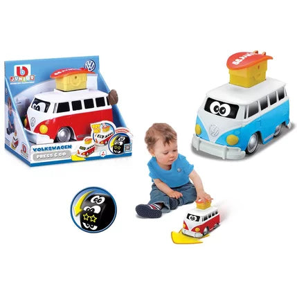 Red and blue toy vans with cartoon eyes and surfboard buttons, shown in packaging and being played with by a toddler.