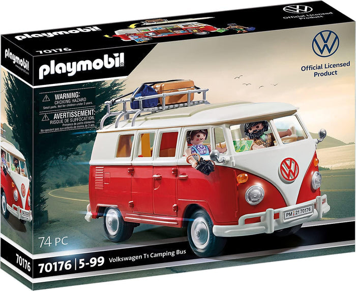 Playmobil toy box showing a red and white classic camper van with figures and luggage on a roof rack.
