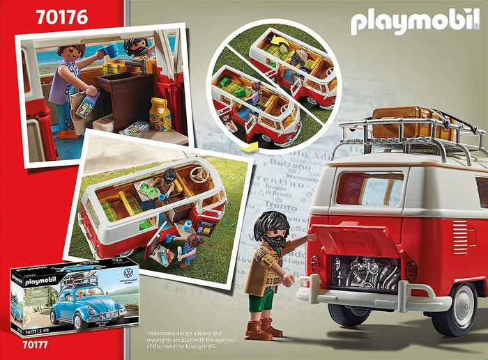Red and white Playmobil VW T1 camping bus toy with figures, detailed interior, and engine access on a map background.