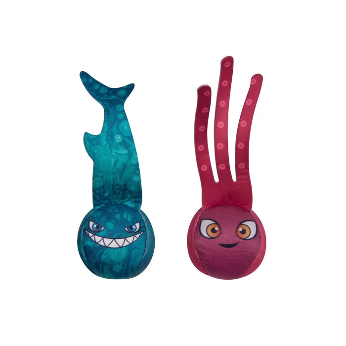 Weighted blue shark and pink octopus diving toys with long fabric tails and cartoon faces.
