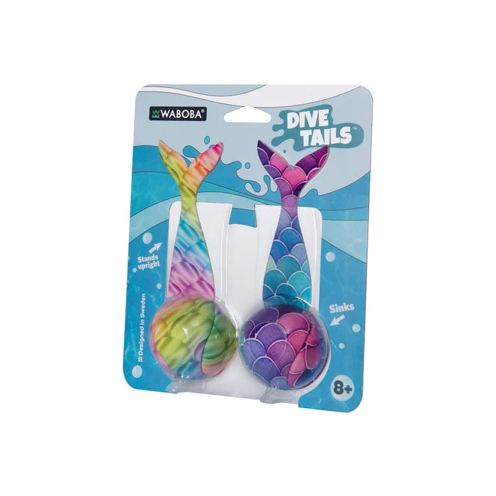 Packaged set of two colorful mermaid tail dive toys with weighted balls and scale patterns in blue, pink, and yellow.