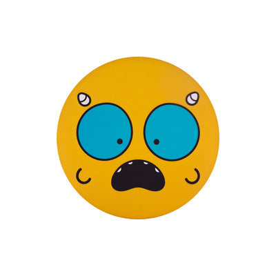 Yellow circular flying disc with a quirky face, large blue eyes, open black mouth, and small white horns.