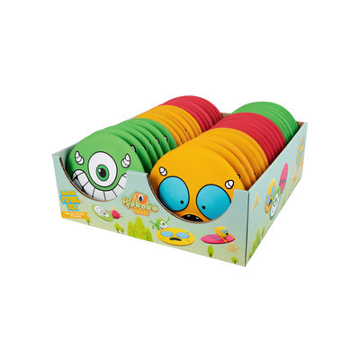 Display box of green, yellow, and red foam flying discs featuring cartoon monster faces with large eyes.