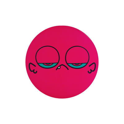 Pink circular flying disc featuring a stylized cartoon face with large heavy-lidded eyes and a small fang.