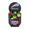 Colorful cratered bouncy balls with vibrant gradients in a space-themed hexagonal display box.