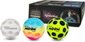 Three cratered balls in white, rainbow gradient, and neon yellow-green, shown with a black display box.