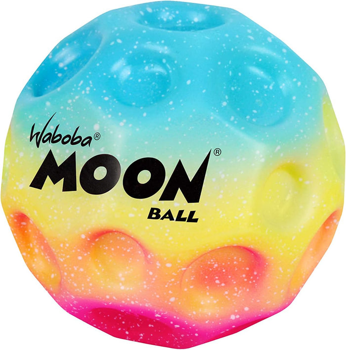 Rainbow-colored Waboba Moon Ball with a cratered surface, white speckles, and black logo text.