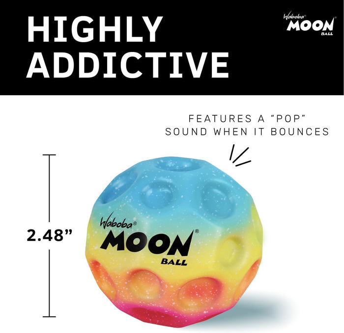Cratered gradient-colored ball with white speckles and a 2.48-inch diameter. Text notes a pop sound when it bounces.