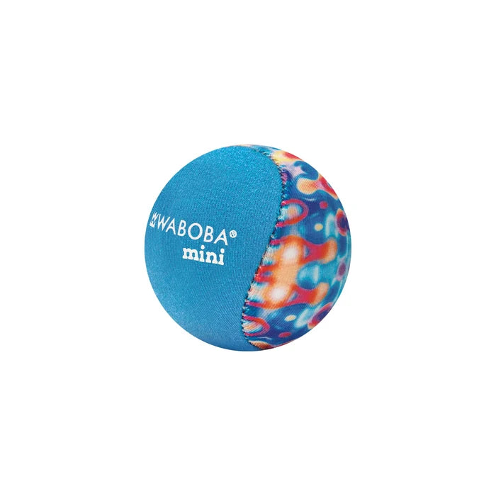 Small round ball with one light blue side and white logo, and one side with a multi-colored orange and blue swirl pattern.