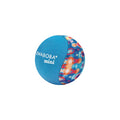 Small round ball with one light blue side and white logo, and one side with a multi-colored orange and blue swirl pattern.
