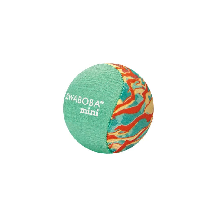 Small turquoise fabric ball with white WABOBA mini text and a wavy red, orange, and yellow pattern.