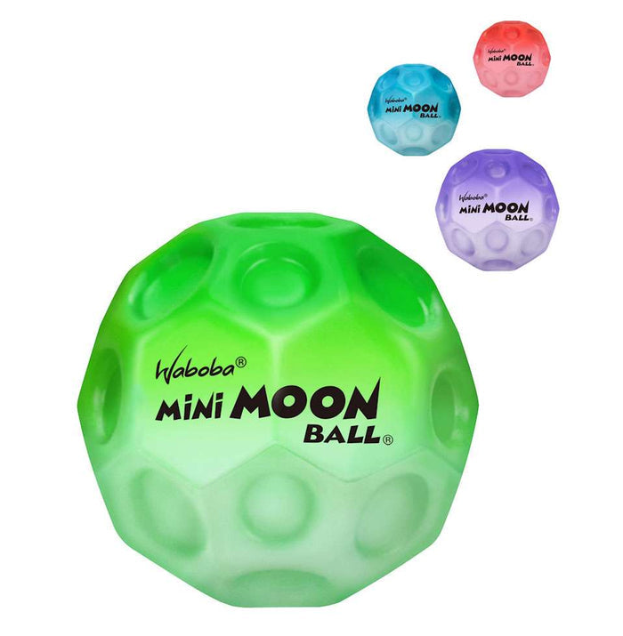 Gradient-colored green, blue, pink, and purple balls with crater indentations and Waboba Mini Moon Ball logo.