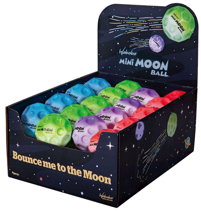Neon blue, green, purple, and red cratered balls packed inside a space-themed cardboard display box.