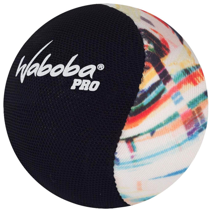 Spherical ball with black mesh on one side, colorful abstract print on the other, and a white Waboba PRO logo.