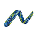 Blue foam ball attached to a long blue and lime green marbled fabric tail on a white background.