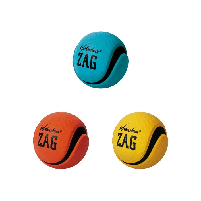 Teal, orange, and yellow balls with a diamond texture, black curved stripe, and Waboba Zag branding.