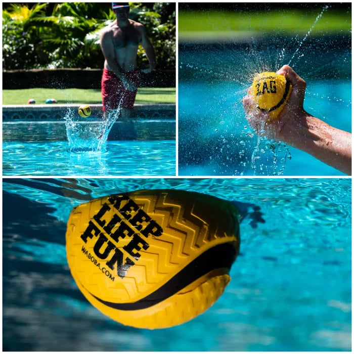 Yellow ball bouncing on water, being squeezed, and floating, showcasing its textured zig-zag pattern and slogan.