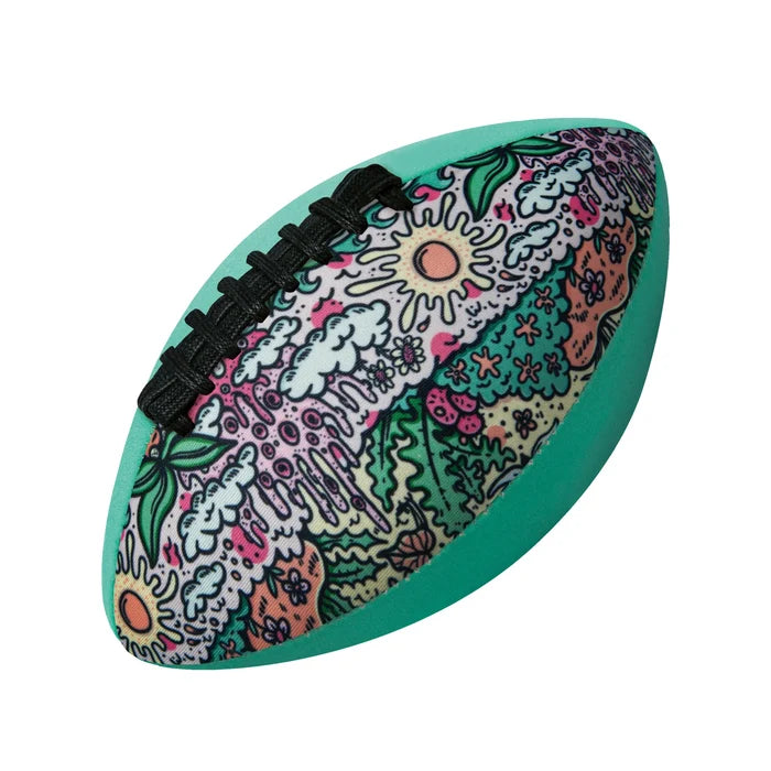 Teal football with black laces and a vibrant doodle pattern of suns, clouds, and flowers.