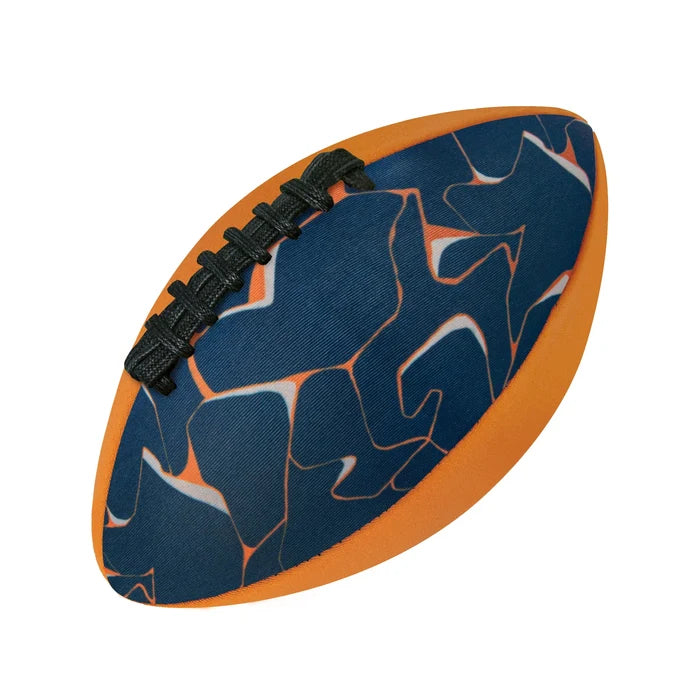 Navy blue and orange football with a crackle pattern, black laces, and solid orange side panels.