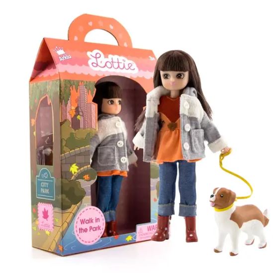 Brown-haired doll in a grey coat and jeans walking a toy dog next to an orange house-shaped carrying box.