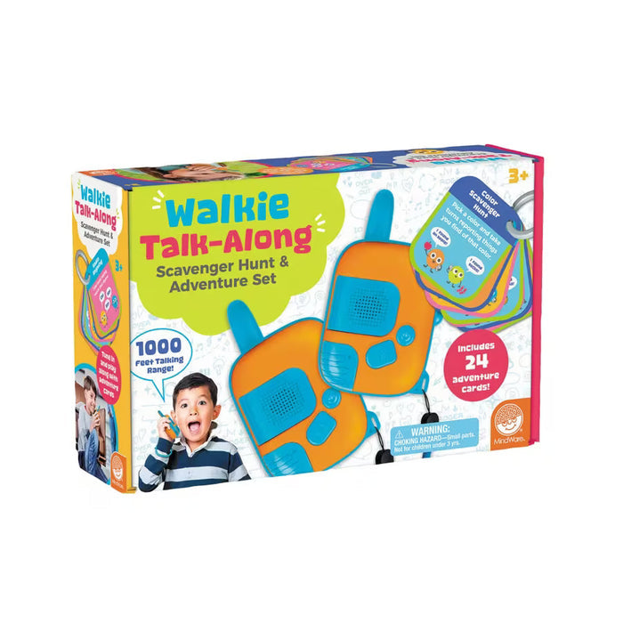 Box for a walkie-talkie set featuring two orange and blue radios and a ring of colorful scavenger hunt cards.