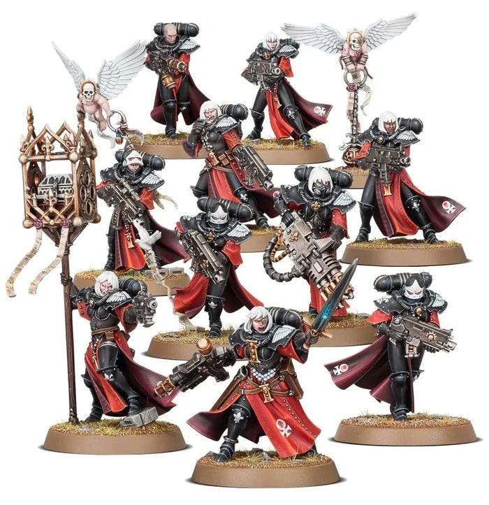Ten detailed miniatures in black power armor and red robes, holding sci-fi weapons and a golden icon on round bases.