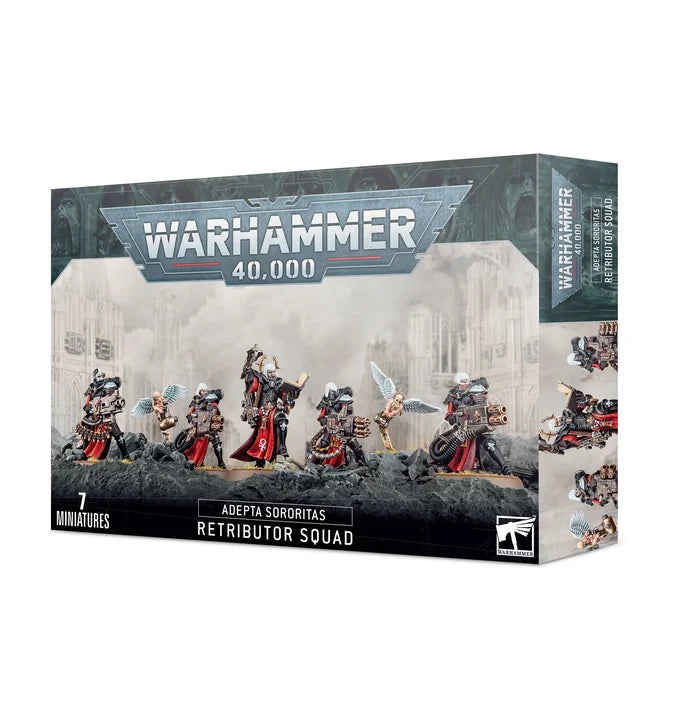 Retail box showing seven painted figures in black and red armor with heavy weapons against a foggy gothic background.