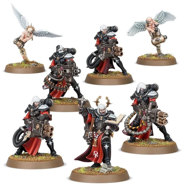 Seven miniatures: five armored warriors with red robes and heavy guns, and two winged cherubs on textured bases.