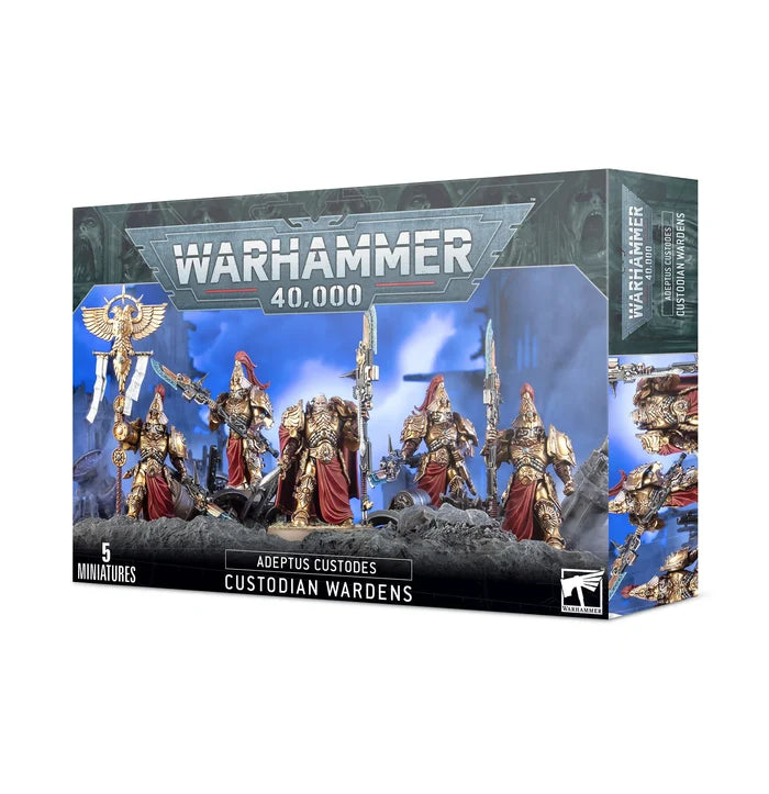 Warhammer 40,000 box art featuring five gold-armored warrior miniatures with red robes, ornate spears, and a banner.