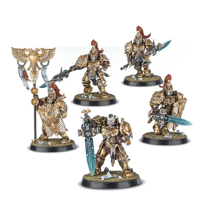 Five ornate gold-armored miniatures with red plumes, wielding glowing blue blades and a tall eagle banner.