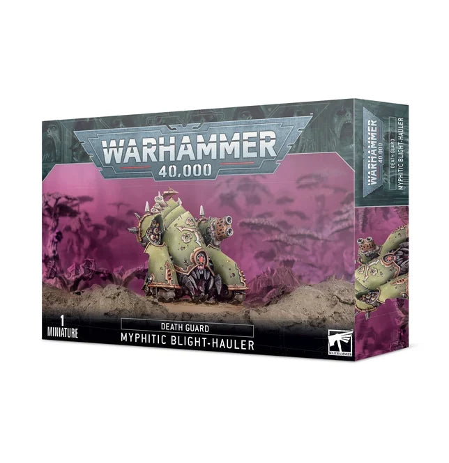 Box art for a green, spiked, three-wheeled mechanical creature miniature on a misty purple background.