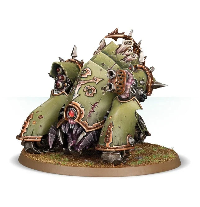 Painted olive green bio-mechanical tank with three tracks, bronze spikes, and a toothy maw on a circular base.