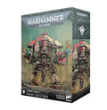 Retail box for a red and cream bipedal robot miniature with large cannons and hazard stripes on its legs.