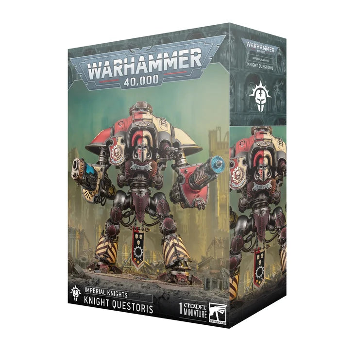Retail box for a red and cream bipedal robot miniature with large cannons and hazard stripes on its legs.