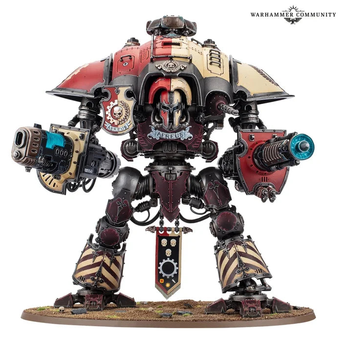 Red and cream bipedal war machine with large shoulder pads, dual energy cannons, and hazard stripes on armored legs.