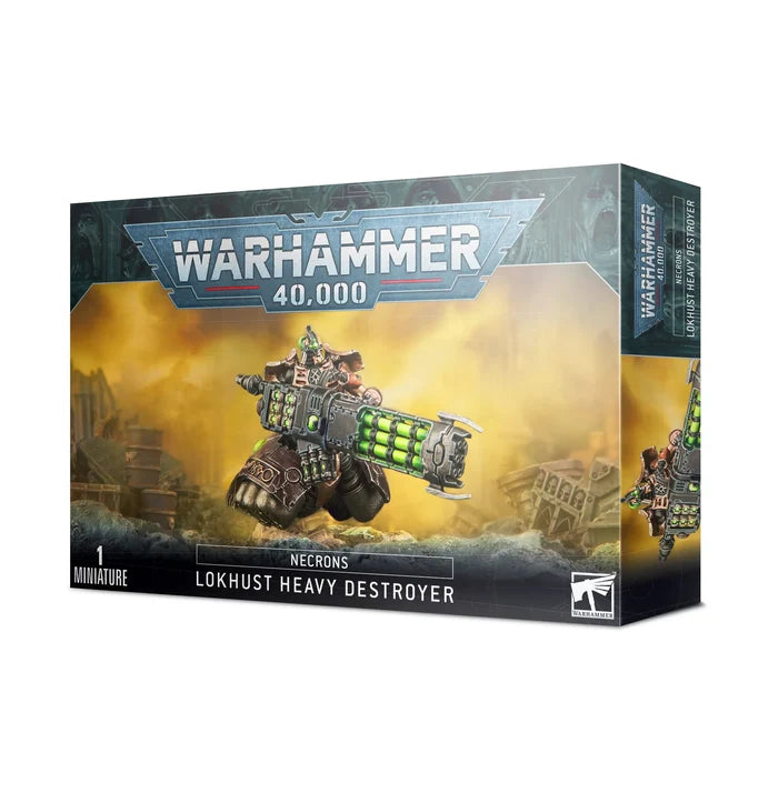 Box for a skeletal robot miniature with a massive green-glowing cannon against a smoky yellow and orange background.