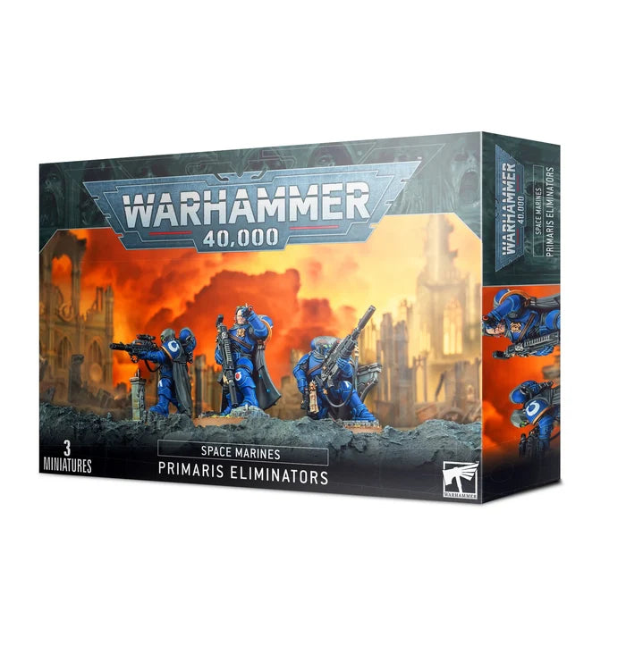 Box art showing three blue-armored sniper miniatures on a rocky battlefield under a fiery orange sky.