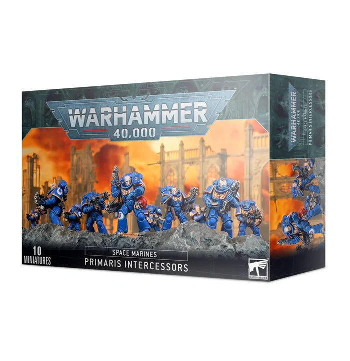 Warhammer box showing ten blue-armored miniatures on rocky terrain with a fiery orange background.