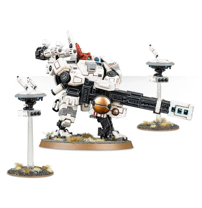 White and black bipedal mech with a giant railgun, flanked by two hovering missile drones on textured bases.