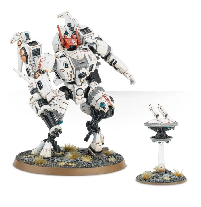 White and grey bipedal mech with a red head and gatling gun arm, next to a small hovering drone on textured bases.