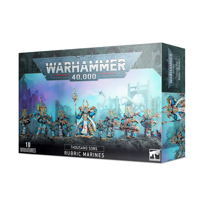 Box art featuring 10 blue and gold armored miniatures with ornate Egyptian-style helmets on a rocky sci-fi landscape.