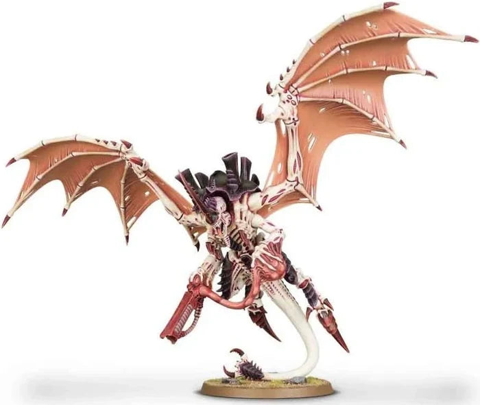 Painted alien miniature with large orange wings, white skin, purple armor plates, and a biological cannon on a base.