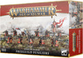 Retail box showing 11 painted soldier miniatures with pavise shields and handguns in red, silver, and gold colors.
