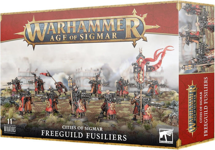 Retail box showing 11 painted soldier miniatures with pavise shields and handguns in red, silver, and gold colors.