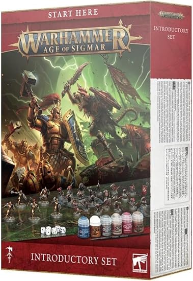 Red box with fantasy battle art, featuring plastic miniatures, six small paint pots, dice, and a paintbrush.