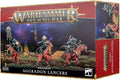 Box art featuring three blue lizard warriors on red armored dinosaurs with spears and shields in a jungle.