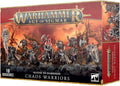Box of 10 miniatures in spiked dark armor with axes and shields against a fiery orange and black volcanic landscape.