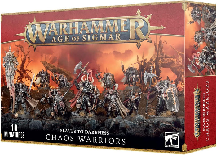 Box of 10 miniatures in spiked dark armor with axes and shields against a fiery orange and black volcanic landscape.